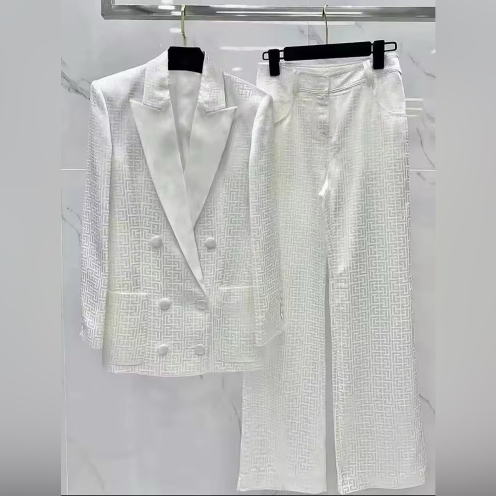 HIGH STREET Double Breasted Buttons Monogram Jacquard Thin Blazer Pants